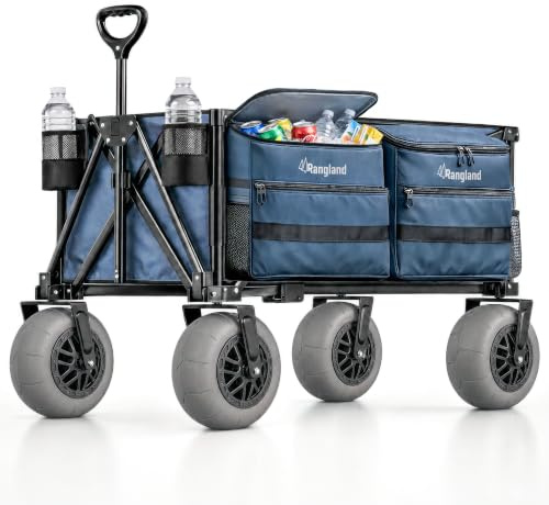 Rangland Ultimativer Strandwagen mit großen Rädern für Sand und abnehmbarem Kühler, Faltbarer All-Terrain Schwerlast-Klappwagen mit Ballon-Luftreifen, großer Außenbordträger mit Zwei Fächern (34L)