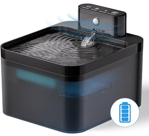 Fuente de agua para gatos que funciona con pilas, fuente de agua inalámbrica para gatos de interior, 2.2 L, sensor de movimiento, fuente automática para gatos con modo inteligente ultra silencioso de