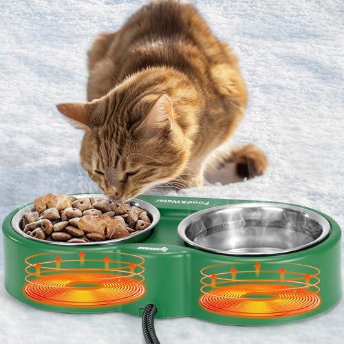 IPOW Beheizter Katzennapf mit doppeltem abnehmbarem Edelstahlnapf, beheizter Wassernapf für den Außenbereich, beheizte Futternäpfe bieten wilde Katzen und Kätzchen während der kalten Wintermonate mit