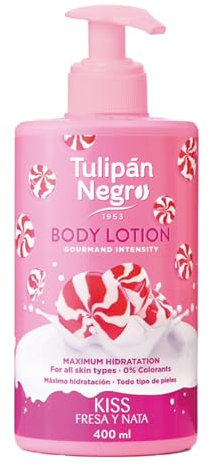 Tulipán Negro Loción Corporal con dosificador Fresa y Nata, máxima hidratación 400 ml, intensamente perfumada y para todo tipo de pieles
