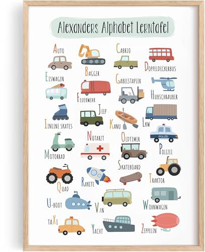 Tassenliebling® - ABC Poster personalisiert - Lernposter (A4 oder A3) mit oder ohne Rahmen - ABC Poster für Kinder mit Zahlen - Alphabet lernen - Kinderposter Grundschule - Fahrzeuge