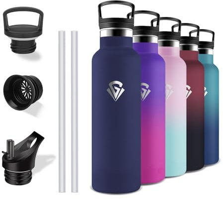 Grsta Gourde Isotherme, Gourde 500ml, Gourde avec Paille, Anti Fuite, Gourde sans Bpa, Double Isolation, Gourde Enfant Inox, Facile à Transporter, Bouteille d'eau pour École, Bureau, Voyage, Camping