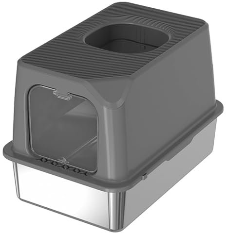 Katzentoilette mit Edelstahlwanne, Haube, Einstieg vorne und Oben 60 x 40,5 x 42,5 cm Grau-Silber inkl. Schaufel