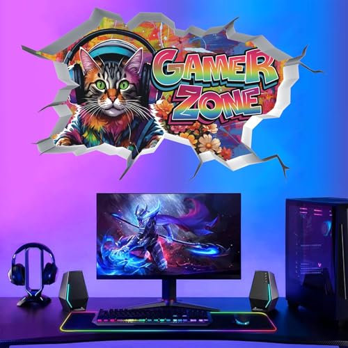 ANHUIB 3D Game Wall Decals Watercolor Gaming Wall Stickers Gaming Room Decor Gamer Zone Peel and Stick Art Decal Xbox DecalsTeenagers Boy Bedroom Playroom Wall Decoration Cat Gamer Bedroom Accessories