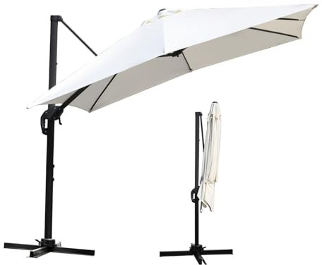 Tubiaz Parasol de jardin déporté rectangulaire - 300 x 300 cm - Avec manivelle - Pivotant à 360 ° et inclinable - Protection solaire UV50+ - Pour jardin, terrasse, beige, Ohne LED