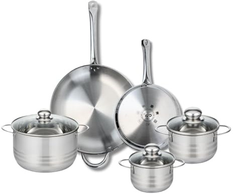 Elo Kochgeschirr-Set, 2 Pfannen 24/32 cm, 3 Kochtöpfe 14/16/20 cm | Komplettes Kochgeschirr, 5-teiliges Set, 2 Pfannen 24 und 32 cm, 3 Kochtöpfe 14, 16, 20 cm, Edelstahl, induktionsgeeignet