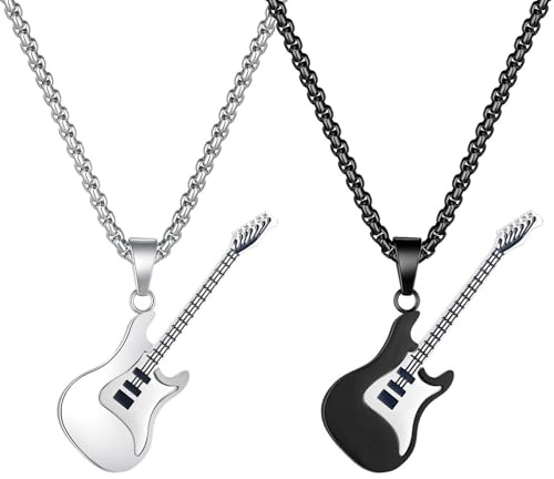 Liitata 2 Stück Gitarren Anhänger Halskette Edelstahl Electric Bass Guitar Anhänger Kette Rock Punk Hip Hop Halsketten für Männer Frauen - Silber Schwarz