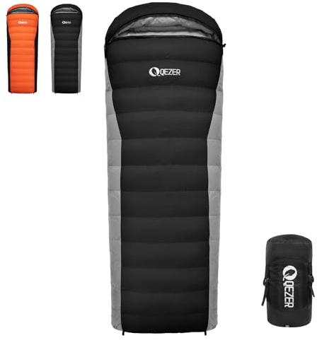 QEZER Daunenschlafsack, Winterschlafsack, 600FP+ Premium-Daunen, 12°C bis -24°C, leicht und warm für 3-4 Jahreszeiten, Camping, Wandern und Outdoor-Trekking (Schwarz 7℃)