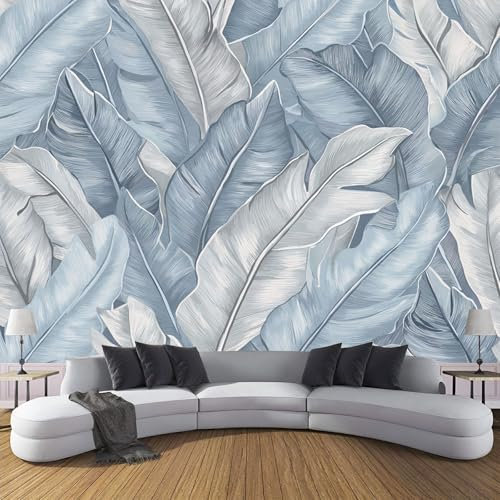 3D Papier Peint Soie Plantes Tropicales,150×105cm Feuille De Bananier Gris Bleu Grandes Murales Poster Revêtement Mural Décoration pour Salon, Adulte Chambre d'enfants, Cuisine,Étude,Bleu Blanc