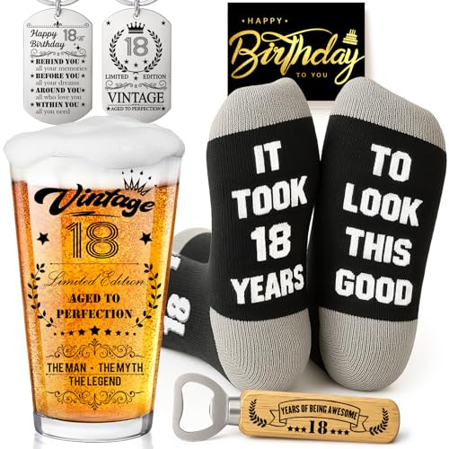 Joybble Set di bicchieri da birra vintage per il 18° compleanno per ragazzi, decorazioni per il 18° compleanno per ragazzi, idea regalo personalizzata per bicchieri da birra, calzini divertenti