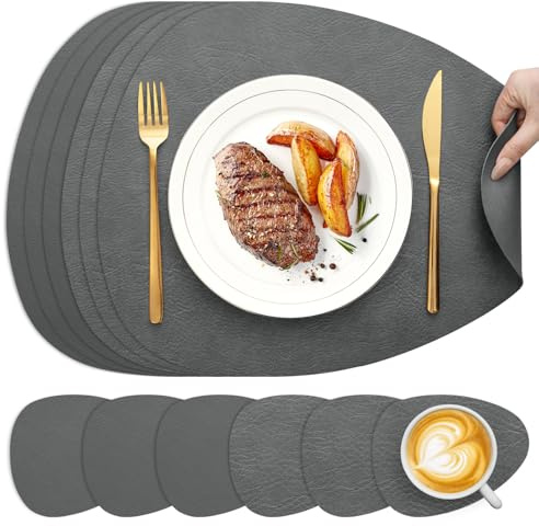YIHELU Tischset Abwaschbar&Untersetzer,Doppelseitige Oval Platzsets 6er Set | Leder Platzsets Kunstleder rutschfest & Einfache Reinigung, Platzdeckchen Abwaschbar für Esszimmer