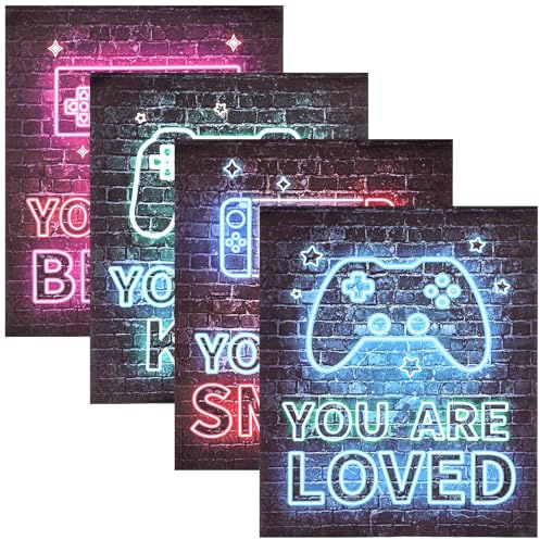 Wanmu Neon Video Game Decor Set of 4 (8x10), Encouragement Gaming Wall Art, Gamer Hanging Plaques Inspirational Decorations for Teen Boys Kids Game Room Bedroom Playroom, No Frames