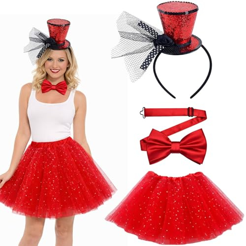 GWAWG Serre-Tête avec Mini Chapeau Haut-de-Forme, Chapeau à Paillettes avec Nœud Papillon & Jupe en Tulle, Accessoire Pailleté pour Femmes, Idéal pour Carnaval, Halloween & Fêtes