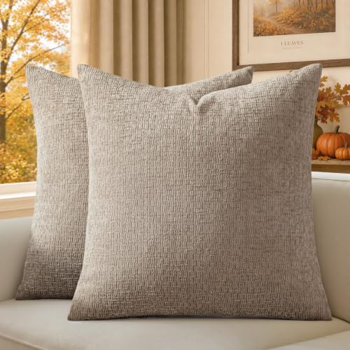 a moment Kissenbezug Herbst 40x40 Hellbraun Weich Chenille Dezente Struktur | 2er Set Kissenbezüge Flauschig Waschbar Dekokissenhüllen für Sofa Couch Wohnzimmer Schlafzimmer