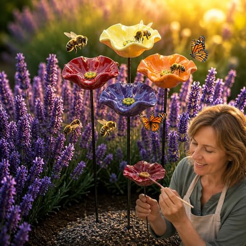 2026 Neu Handgemachte Bienenblüten-Keramik, Keramik blüten Bienen tränke, Wetterfest Farbenfroh für Garten Balkon und Terrasse, Handbemalt Naturnahe Gartendekoration(4-teiliges Set)