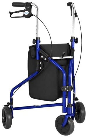 Days Tri Wheel Folding Walker with Loop and Lockable Brakes, Mobility Aid, Easy to Manoeuvre & Height Adjustable, For Eldery and Disabled Users, Blue