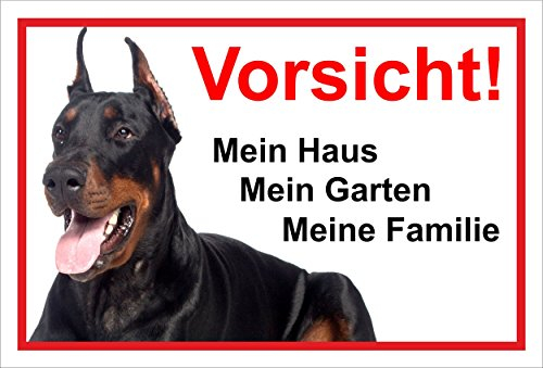 Melis-Folienwerkstatt Schild Warnschild Vorsicht freilaufender Hund – Dobermann Achtung – Mein Haus Mein Garten Meine Familie – 20x30cm – S22I