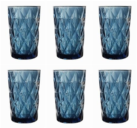 Vintage 6er-Set Farbige Weingläser und Trinkgläser mit Diamant Muster (Rombus) Longdrinkgläser, Cocktail Gläser mit Prägung, Glas, Trinkglas, Weinglas, Wasserglas, Glaskelche (Blau Trinkglas)