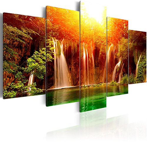 B&D XXL Acrylglasbild Wasserfall 200x100 cm 5 Teilig Wandbild auf Acryl Glasbilder Kunstdruck Moderne Acrylglas Platte Wanddekoration Geschenke Heimdekoration Glasbild Natur Landschaft Wald Sonne