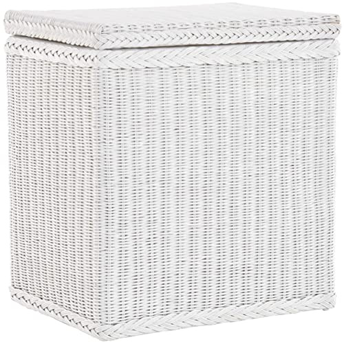 Wäschekorb/Wäschebox mit Deckel und Inlett aus echtem Rattan, Wäschetruhe (Weiß)