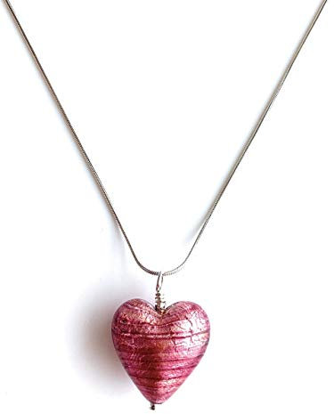 Diana Ingram necklace with rose pink (cerise, fuchsia) Murano glass medium heart pendant on Sterling Silver snake chain