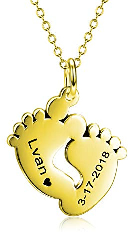 LONAGO Baby Füße 925 Sterling Silber/Kupfer Personalisierte Gravierbarer Namen und Geburtstag Anhängerschild Erinnerungen Custom Halskette