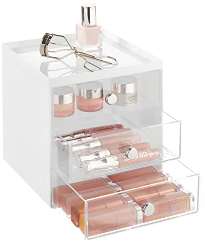 mDesign Make-up Organizer – Schminkaufbewahrung mit 3 Schubladen für Lidschatten, Lippenstift & Co. – Kosmetikbox aus Kunststoff fürs Badezimmer – weiß/durchsichtig