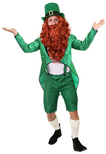 Adults Deluxe Leprechaun Fancy Dress Costume - St Patricks Day Fancy Dress - Green Sequin Tailcoat, Green Trousers W/Braces, White Shirt, Top Hat and Fake Beard/wig
