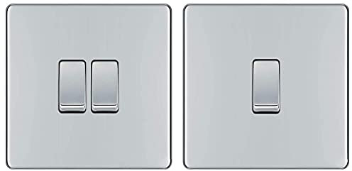 BG Electrical Screwless Flat Plate Double Light Switch, Polished Chrome, 2-Way, 10AX & fpc12 Screwless Flat Plate Single Light Switch, Polished Chrome, 2-Way, 10AX, 2.0 cm*2.0 cm*2.0 cm