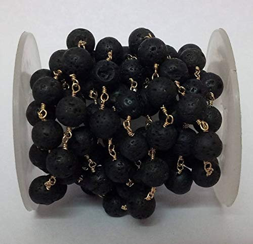 BEADS GEMSTONE 5 Füße Natural Black Lava Rock 24K Gold PlatRosary Perlen Kette - Zarte Lava Rock Gebet Kette - Lava Perlen Größe 8mm Code-HIGH-37763, Edelstein Metall Stein