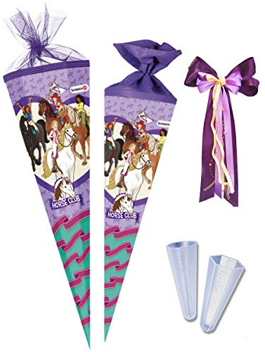 Nestler Schultüten-Set zum Befüllen, Handgemachte Zuckertüte aus Karton - Motiv Horse Club von Schleich, inkl. Spitzenschutz, Schleife (70 cm rund)