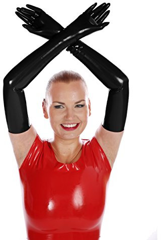 Rubberfashion Latex Handschuhe lang - Rubber Gloves - Latexhandschuhe für Damen und Herren Paar schwarz 0.4mm M