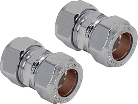 Pipestation Connettori dritti a compressione cromati da 15 mm, confezione da 2, raccordi idraulici per tubi in rame, facili da installare