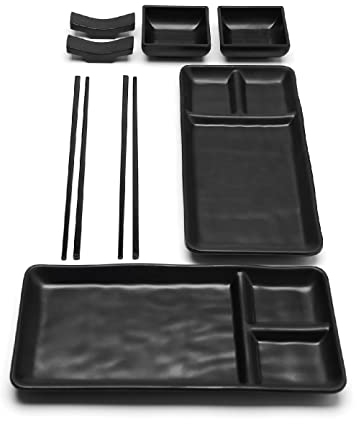 Goliber 8-teiliges japanisches Sushi-Set – Enthält 2 einzelne Sushi-Teller (19 x 14 cm), 2 Saucenschälchen, 2 Paar Essstäbchen, 2 Stäbchenhalter – Hergestellt aus Melamin (Schwarz)
