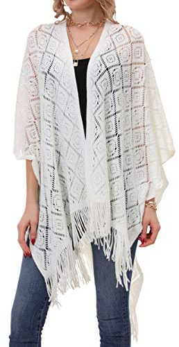 Soul Young Damen Stricken Stola Große Größen Warm Weich Poncho Shawl Cardigan Kimono (Einheitsgröße, Guadratisch Weiß)