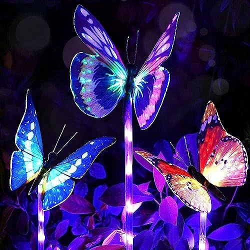 Schmetterling Solarlampen für Außen Garten Deko,3 Stück Schmetterling Solarleuchten Solar Garten Licht Farbe Ändern LED Licht Faseroptik Beleuchtung Draussen Partydekorationen