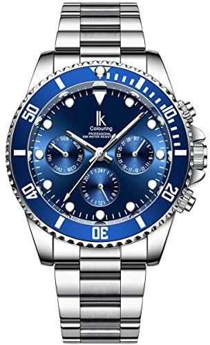 Alienwork Automatikuhr Armbanduhr Herren Damen Silber Edelstahl Metallarmband Kalender Marineblau Multi-Funktion Glasboden