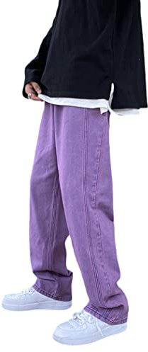 WEGUKRI Uomini Viola Vintage Baggy Jeans A Vita Bassa Pantaloni In Denim Maschio Gamba Larga Dritto Streetwear Jeans Plus Size, Viola, S