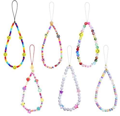 FgofhFu Beaded Phone Hand Wrist Strap Lanyard, 6 Pcs Rainbow Colorful Hand Wrist Straps for Mobile Phone, Camara, Keys, USB Flash Drive, Wallet, ID Name Tag Badge, Mp3, Mp4, GoPro