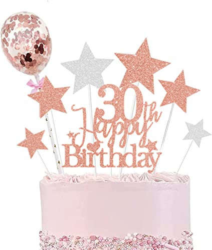 Elicola 30th Birthday Cake Topper Glittery Cake Happy Decorations Birthday for Women or Men 30th Birthday Party Supplies Decorations Rose Gold