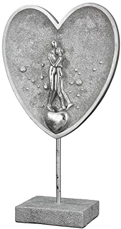 Casablanca Deko Skulptur Figur Paar im Herz aus Kunstharz - Accessoire Geschenk Hochzeit Verlobung Geburtstag - Farbe: Silber mit Glitzer - Höhe 30 cm