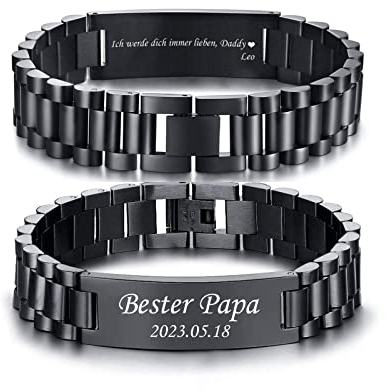 Armband Herren Papa Personalisiertes : Geschenk Armreif Edelsathl 21.5cm Schwarz Gravur Männer Glieder armbänder Junge Schmuck Geburtstagsgeschenk Vatertagsgeschenk für Dad