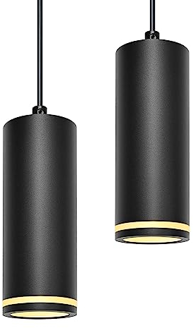 BOYIR Lámpara Colgante Moderna, Lámpara de techo cilíndrica, Iluminación de Techo vintage con portalámparas de casquillo GU10, Altura Regulable, Luz de Techo Interior para Salon, 15cm, Negro,2 piezas