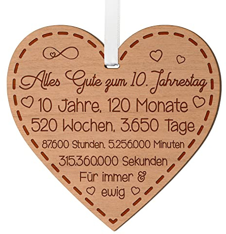 10. Hochzeitstag Geschenk für Paare, Jahrestag Geschenk für ihn und sie | Rosenhochzeit Geschenk, graviertes Holzherz, 10 cm, 4 mm Kirschholz, weißes Satinband, Wanddeko, für Partner oder Verlobte