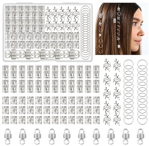 Kieswan 100 Stück Dreadlocks Schmuck Wikinger Haarschmuck Silber, Metall Haarringe für Zöpfe, Verstellbar Cuffs Haarperlen Haarspiralen für Braids Zubehör Dekoration