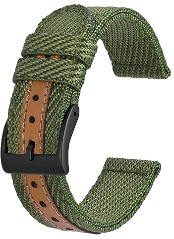 BISONSTRAP Sportliche Nylon Uhrenarmband, Militär Uhrenarmbänder für Herren, 22mm, Grün mit Schwarze Schnalle