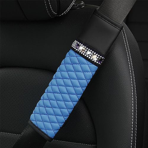 2 Stück Auto Gurtpolster, PU Leder Kristall Glitzer Bling Bling Auto Gurtschutz,Gurtpolster Auto,Polsterung für Sitzgurt im Auto,Gurtkissen Auto Sicherheitsgurt Schulterpolster Schutzkissen,Blau