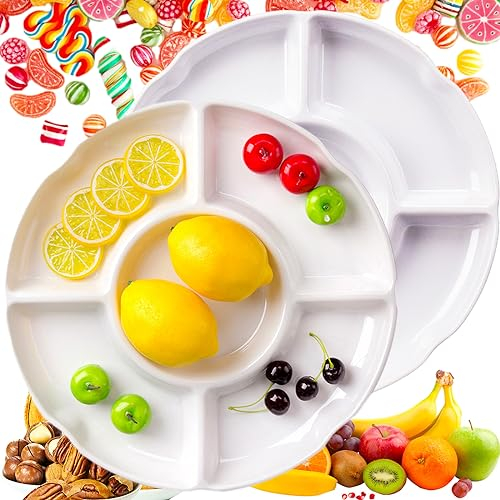truee 2 Pezzi Piatti Snack Riutilizzabili, Vassoio per Alimenti a 5 Scomparti, Vassoi Divisi a 5 Scomparti, Piatti Snack Divisi, Vassoi a Scomparti in Plastica, Bianco, Adatto per Spuntini(25cm/10in)