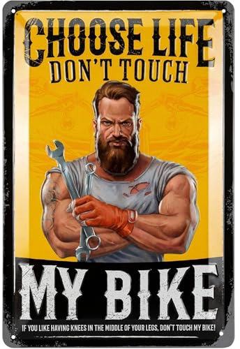 LANOLU Vintage Tin Sign - CHOOSE LIFE don#t touch MY BIKE - Biker Rules, Motorcycle Wall Decor, Vintage Metal Art, motorcycle metal sign for garage - embossed 12x8