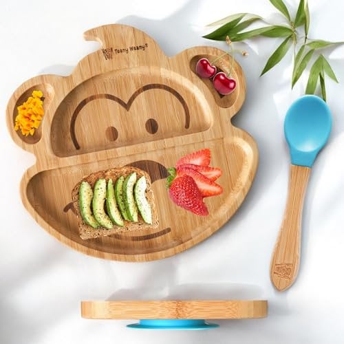 Teeny Weany® Bamboo Baby Suction Plate & Spoon - Strong Suction Cup for Toddler Feeding | Divided Weaning Plate | BPA-Free, Non-Toxic | Easy Clean for Babies 6+ Months | Monkey Blue
